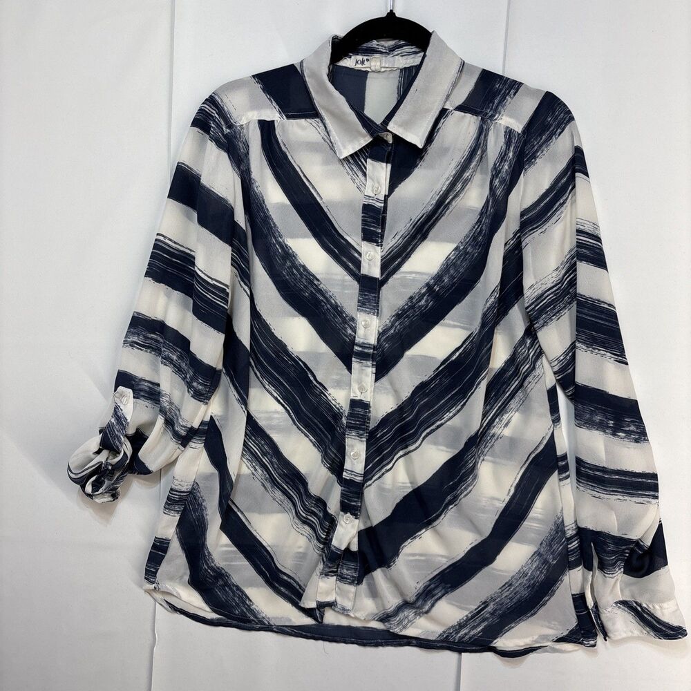 Jolt Women’s blouse sheer button up blue white Collar Roll Tab Sleeve L Tunic - Picture 5 of 13
